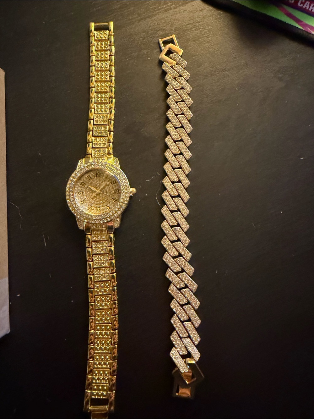 Gold-Tone women’s Iced Watch and Cuban Link Bracelet Set